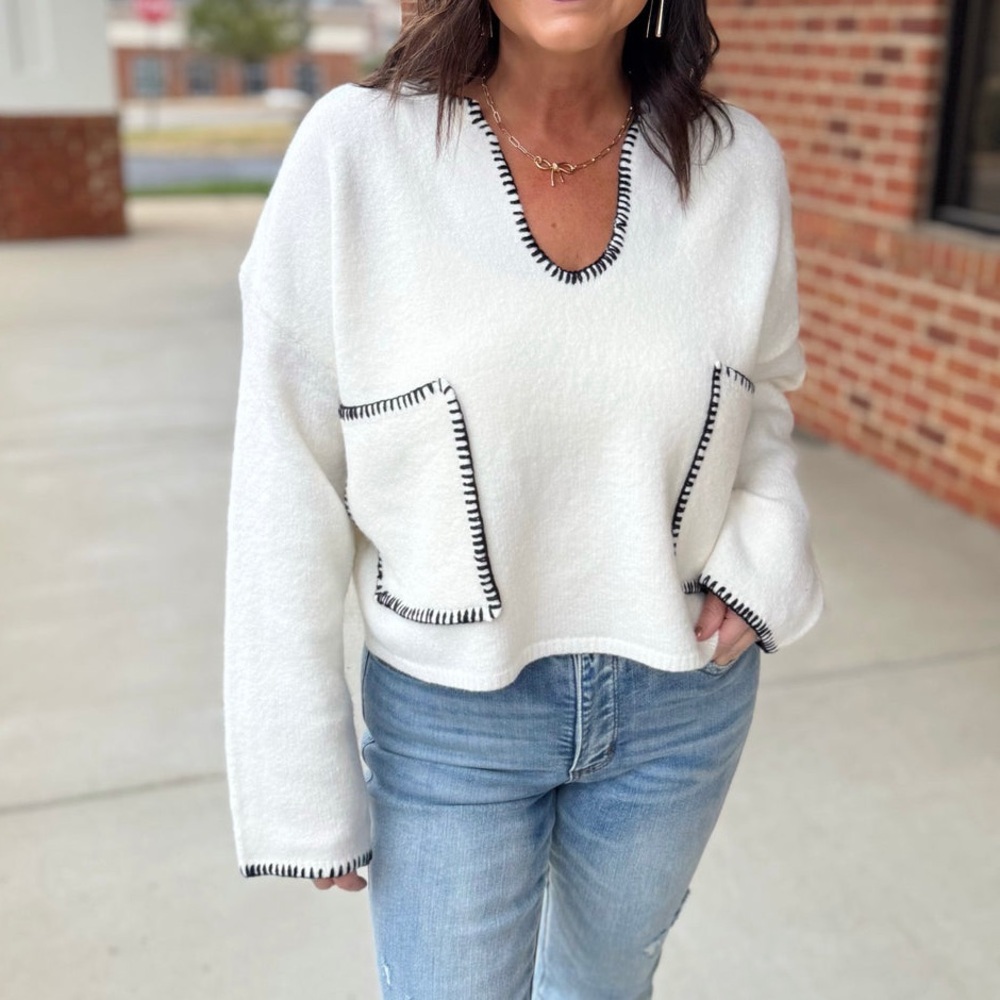 White U-Neck Sweater Long Sleeves W/Black Stitch Pockets & Trim